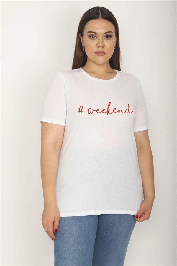 Kadın Beyaz Önü Nakış Yazılı Kısa Kollu Bluz 65N27042