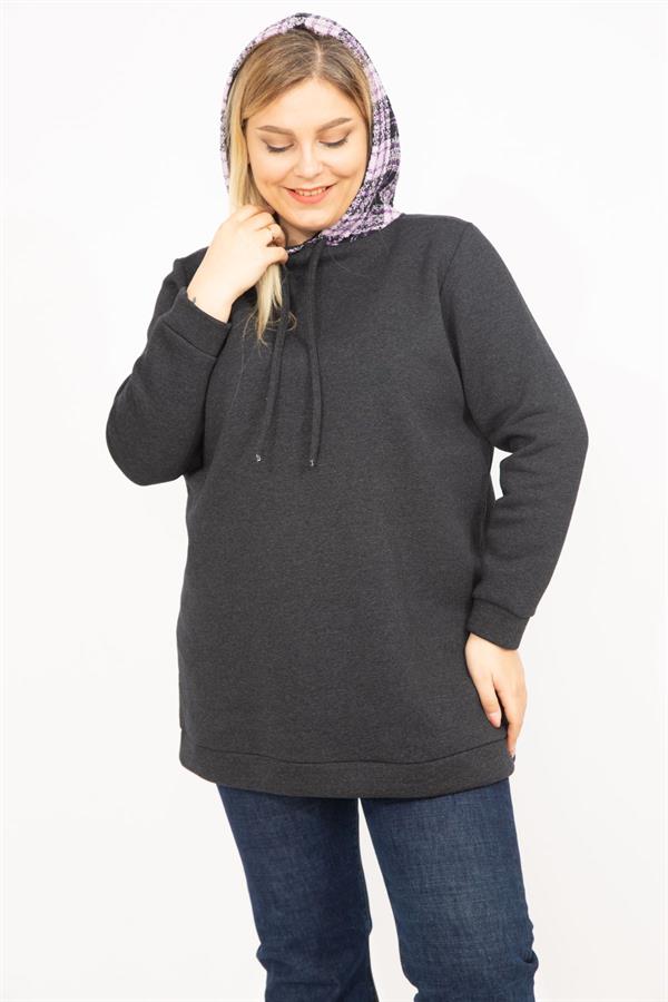 Kadın Füme Büyük Beden 3 İplik İçi Şardonlu Kapşonlu Sweatshirt 65N35750