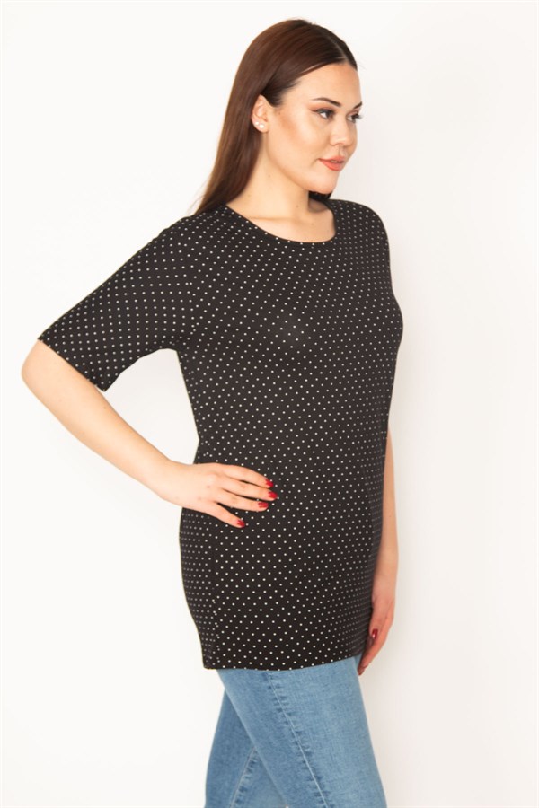 KADIN SİYAH PUAN DESENLİ BİSİKLET YAKA KISA KOLLU BLUZ