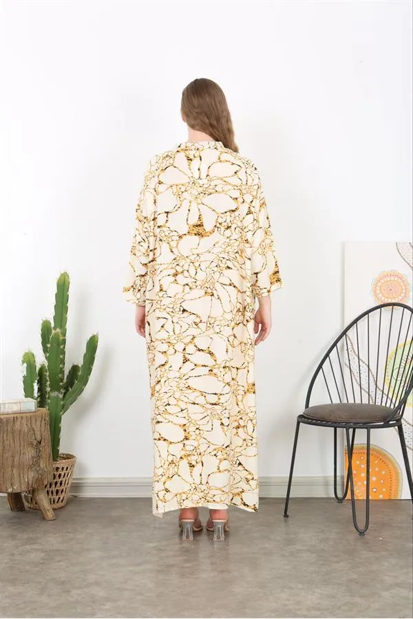 Kadın Büyük Beden Kemik Dokuma Viskon Kumaş Ön Pat Düğmeli Uzun Kollu Elbise 65N38730