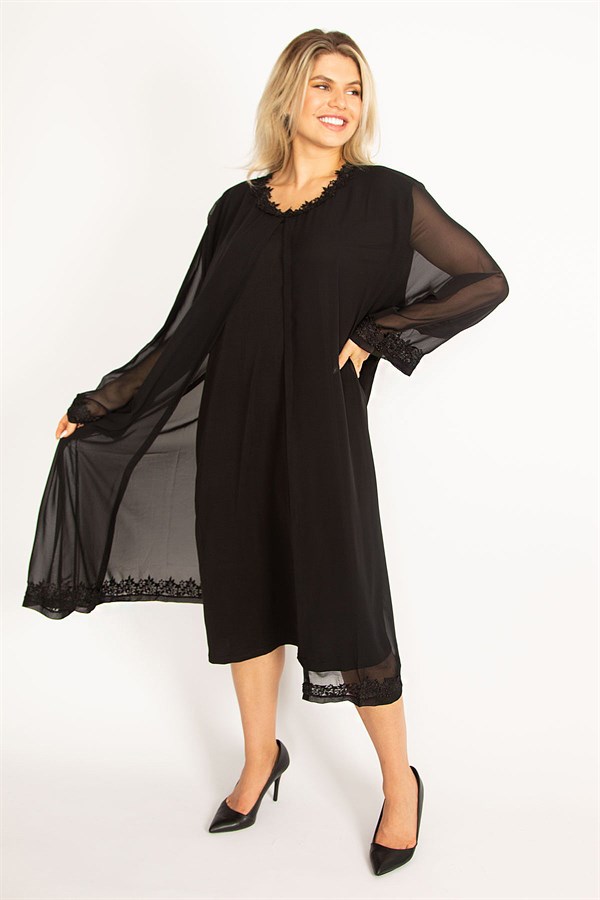 Kadın Füme Şifon Pelerinli Dantel Detaylı Abiye Elbise 65N34506