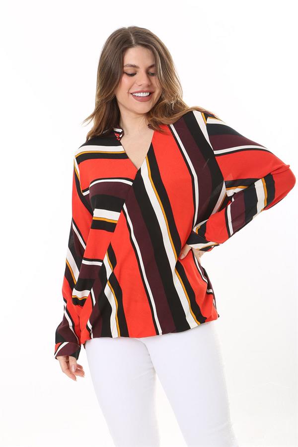 Kadın Büyük Beden Bej Dokuma Viskon Kumaş Kapalı Anvelop Bluz 65N37614