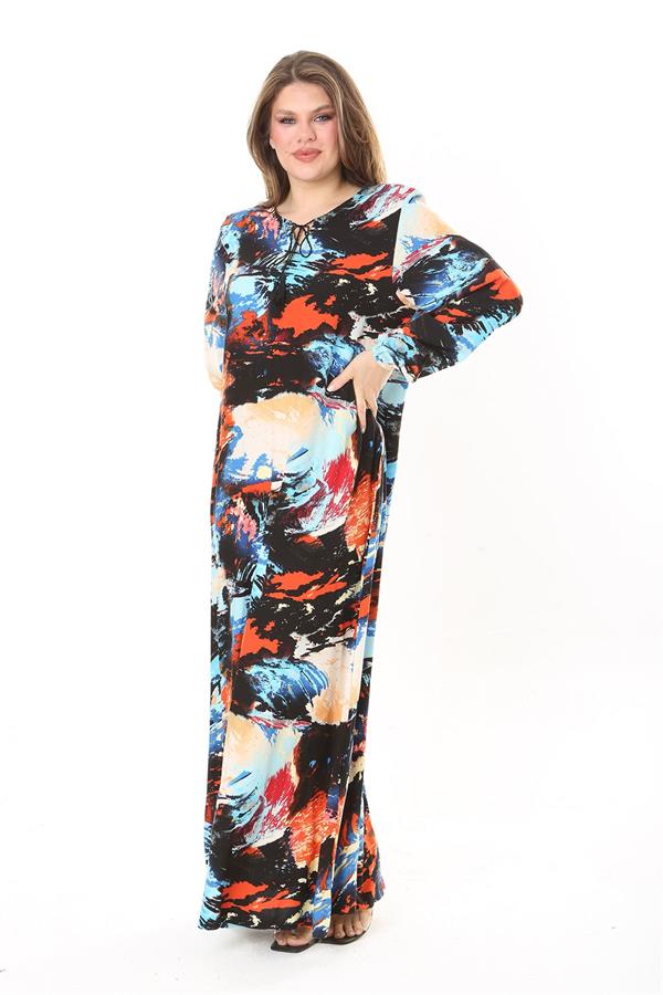 Kadın Büyük Beden Mavi Yaka Bağcıklı Uzun Kollu Maksi Boy Elbise 65N37869