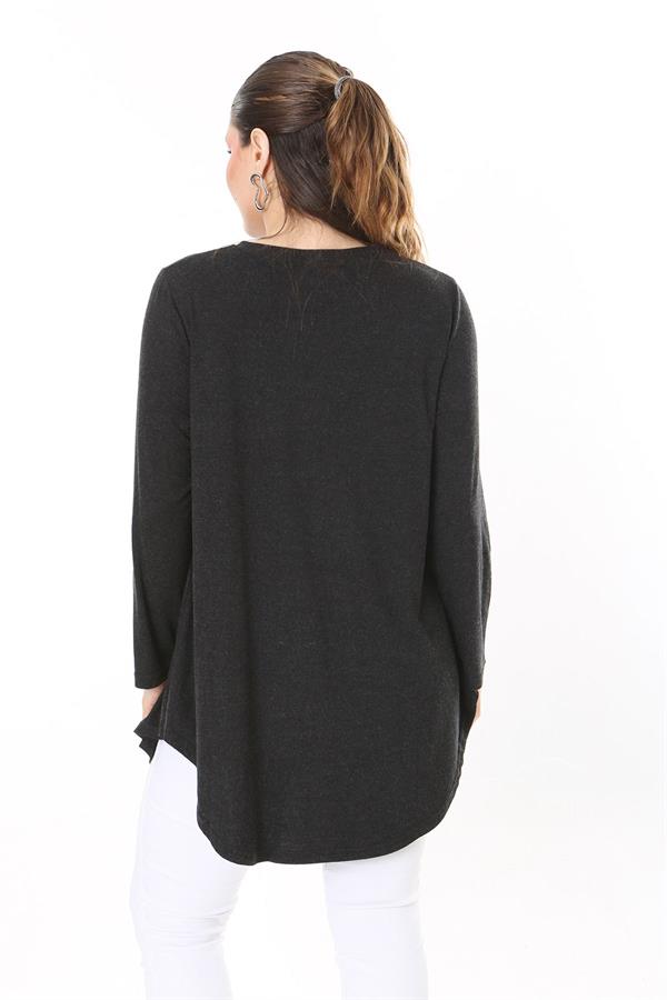 Kadın Büyük Beden Antrasit Göğüs Büzgü Detaylı Uzun Kollu Tunik 65N37687