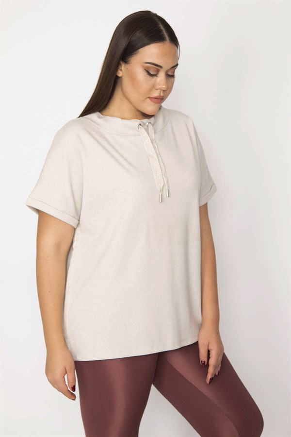 Kadın Taş Yakası Kuşgözü Bağcık Detaylı Yanları Sim Şeritli Dıuble Kollu Tunik 65N29614