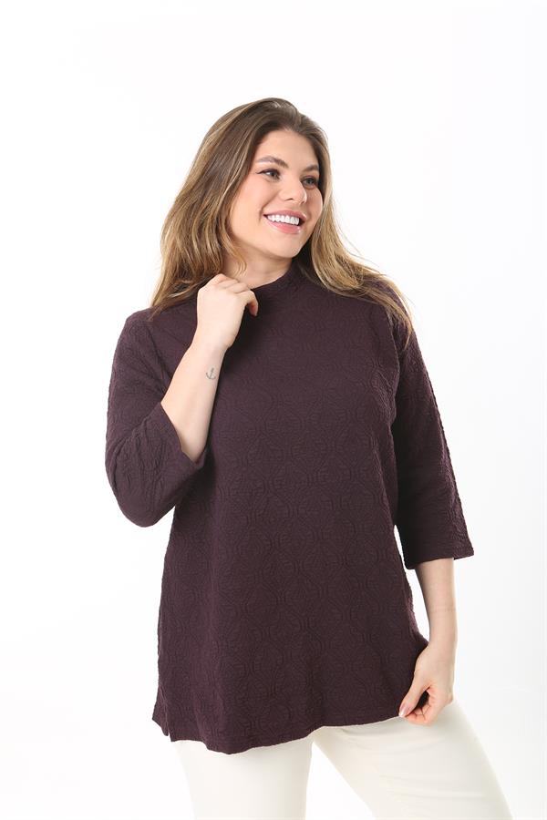 Kadın Büyük Beden Mürdüm Sıfır Yakalı Kendinden Desenli Kapri Kollu Tunik 65N37495