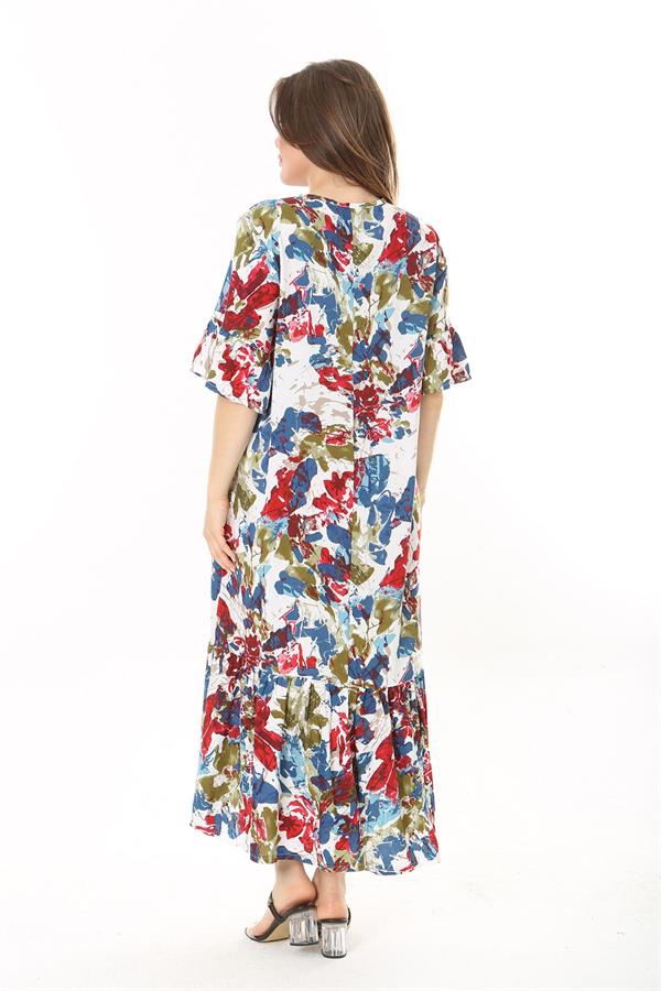 Kadın Büyük Beden Mavi Dokuma Viskon Kumaş Eteği Katlı Kısa Kollu Elbise 65N37868