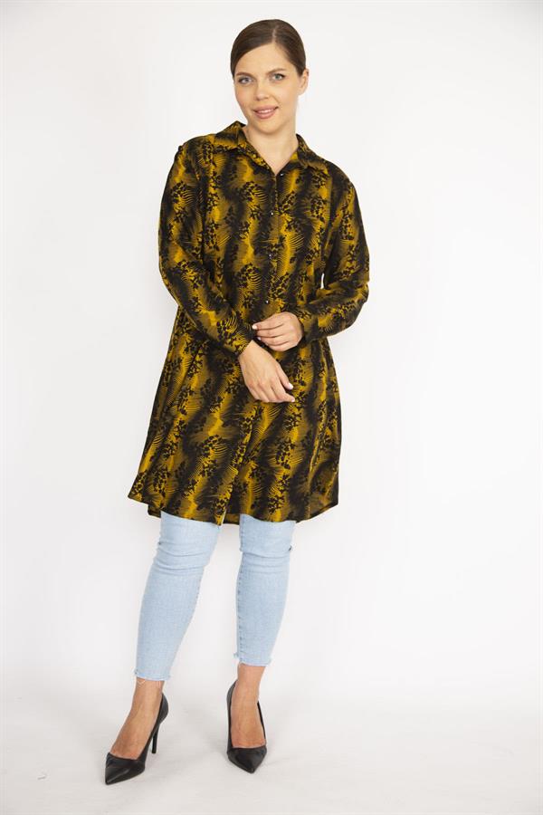 Kadın Büyük Beden Hardal Ön Düğmeli Uzun Kollu Gömlek