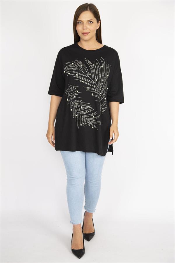 Kadın Büyük Beden Siyah Taş Ve İnci İşli Bisiklet Yakalı Yan Yırtmaçlı Bluz