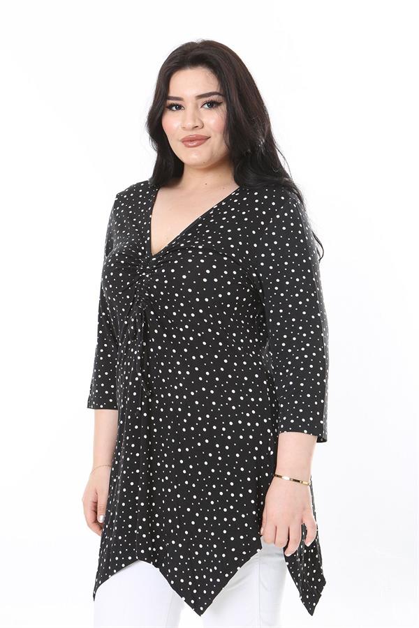 Kadın Büyük Beden Siyah Göğüs Büzmeli Puan Desenli Kapri Kollu Bluz 65N37949