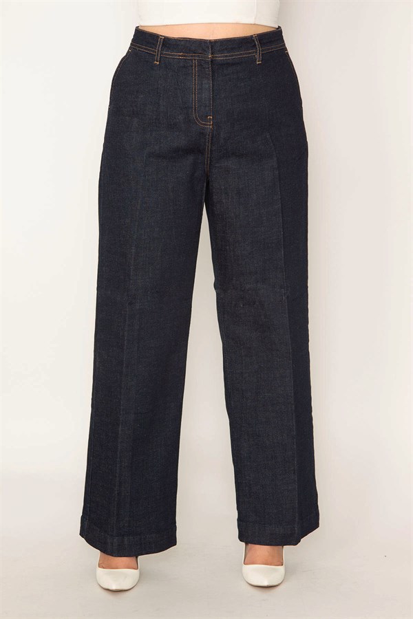 Kadın Lacivert Klasik Kesim Yan Cepli Geniş Paçalı Kot Pantolon 65N31860