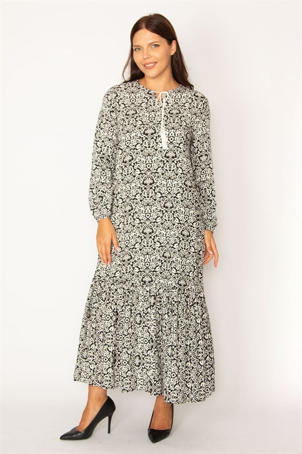 Kadın Siyah Dokuma Viskon Kumaş Etek Ucu Katlı Uzun Kollu Elbise 65N34324