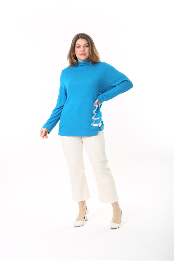 Kadın Büyük Beden Mavi Dik Yakalı Lak Baskılı Tunik 65N37496