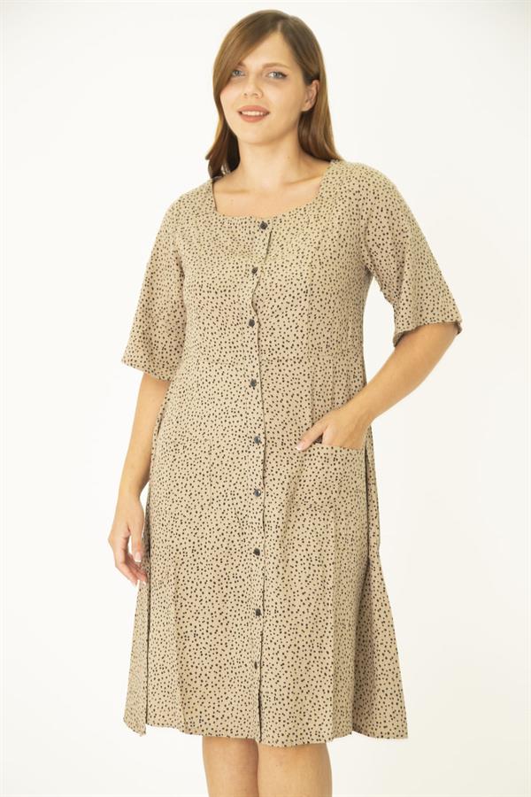 Kadın Büyük Beden Lacivert Dokuma Viskon Kumaş Ön Düğmeli Cepli Elbise 65N36785