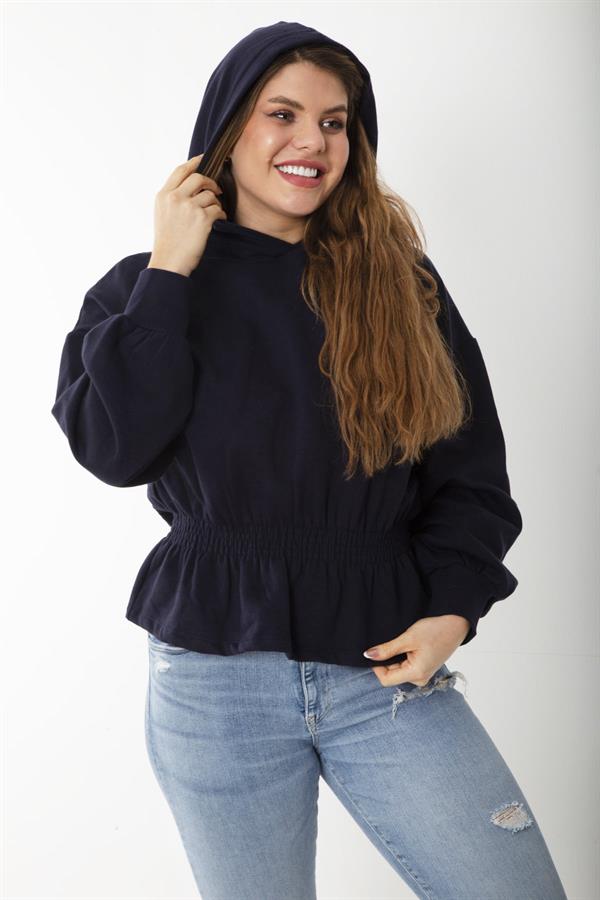 Women's Plus Size Navy Blue Inside-Red Elastic Waist Detailed Hooded Sweatshirt 65N37205