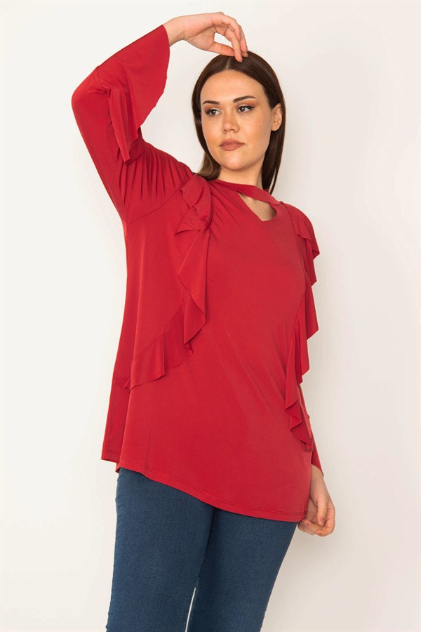KADIN BORDO YAKA VE VOLAN DETAYLI BLUZ