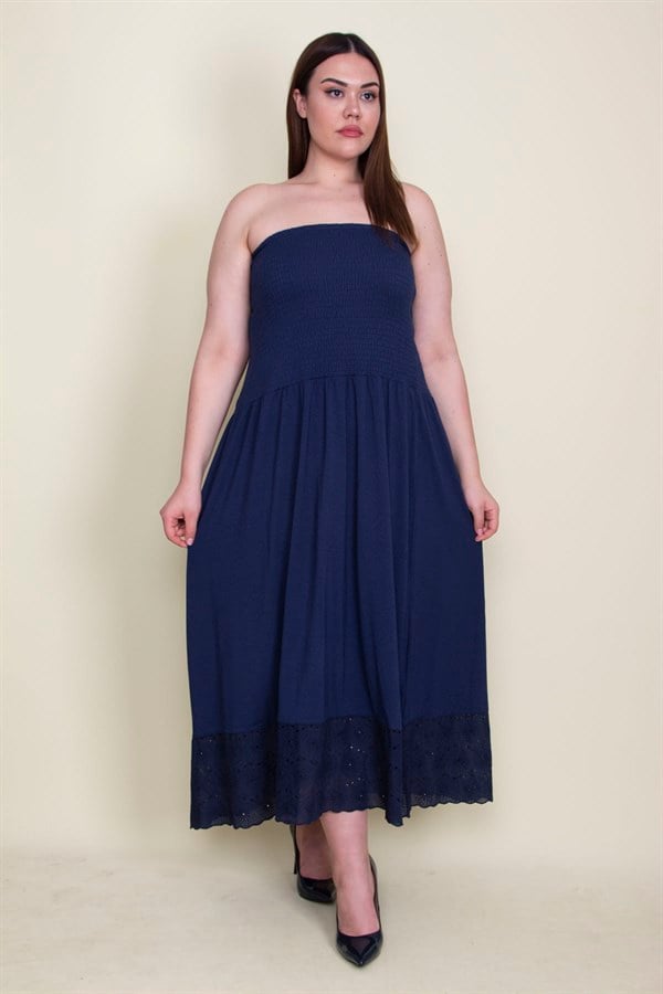 Kadın Lacivert Etek Ucu Dantel Göğüs Kısmı Gipe Lastikli Elbise 65N26128