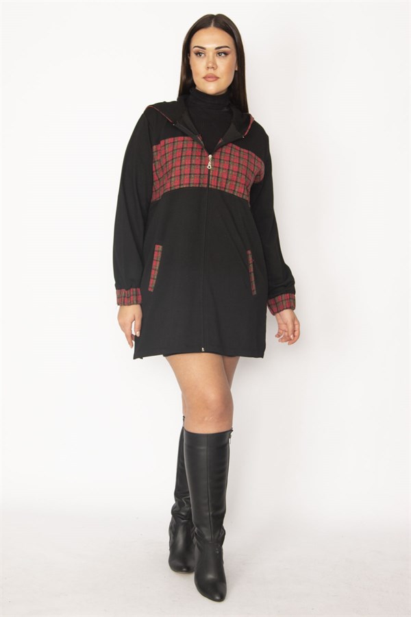 Kadın Bordo Ekose Desen Detaylı Kapşonlu Mont 65N29568