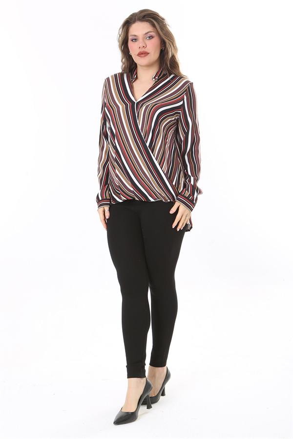 Kadın Büyük Beden Bej Dokuma Viskon Kumaş Kapalı Anvelop Bluz 65N37614