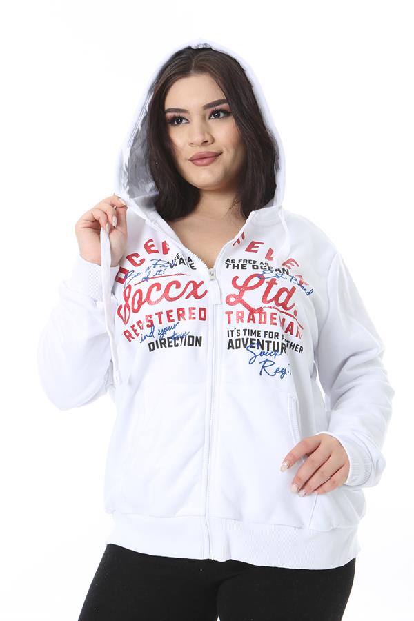 Kadın Büyük Beden Beyaz Ön Fermuar Ve Baskılı Kapşonlu Sweatshirt 65N38622
