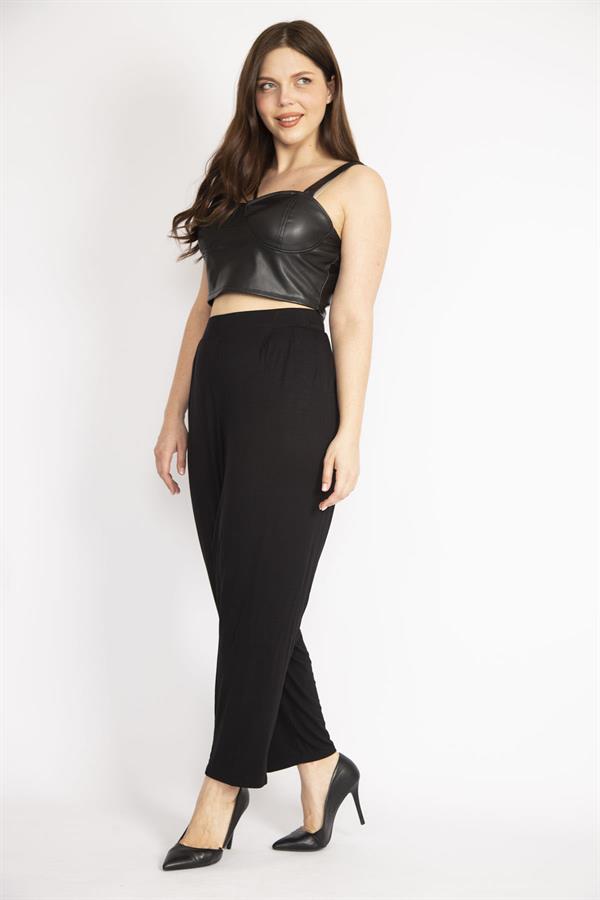 Kadın Siyah Büyük Beden Şalvar Kesim Yan Cepli Viskon Pantolon