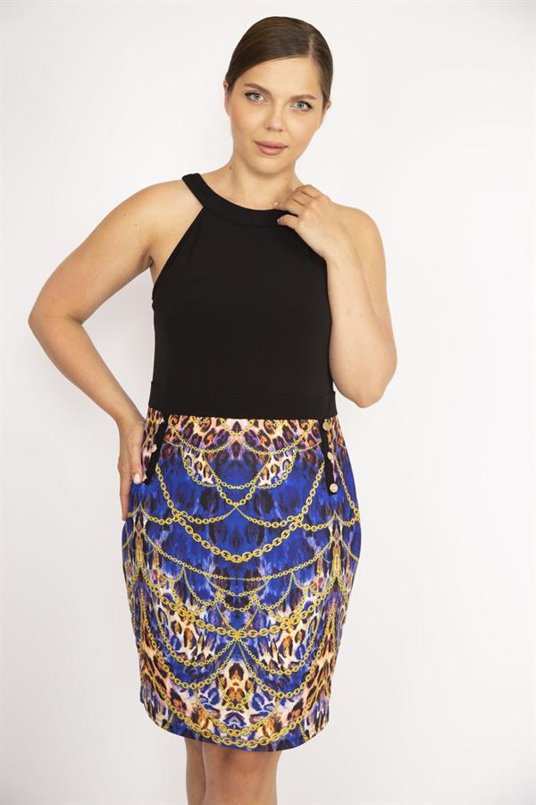 KADIN SİYAH HALTER YAKA SÜS DÜĞMELİ ETEĞİ DESENLİ ELBİSE