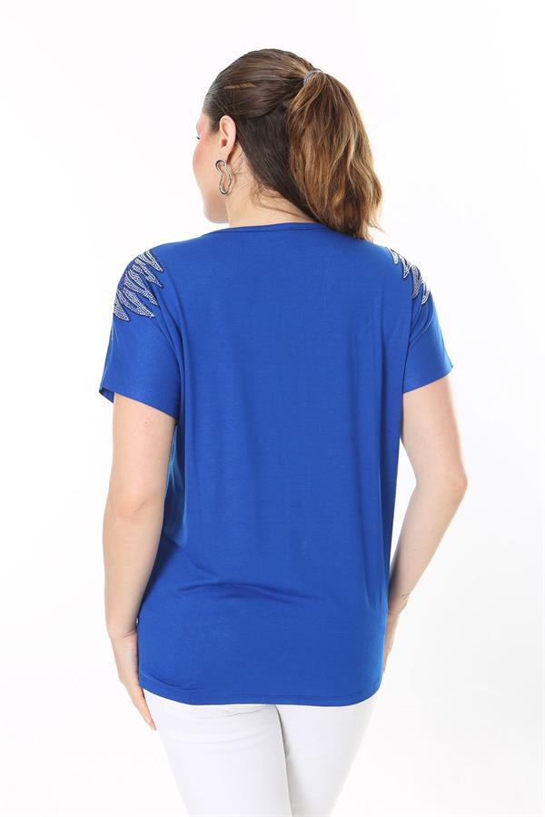 Kadın Büyük Beden Saks Angels Taş Detaylı Kısa Kollu Bluz 65N37675