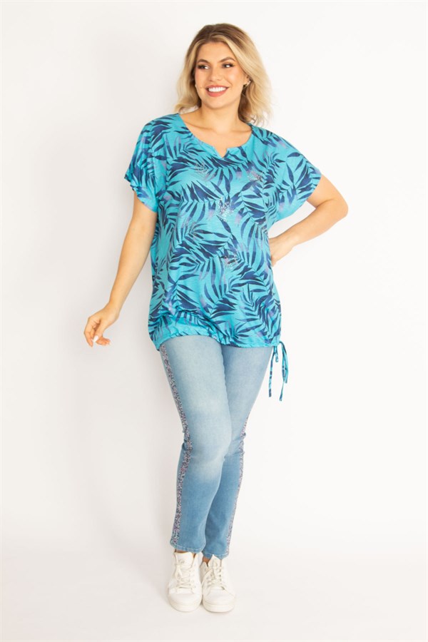 Kadın Mavi Taş Detaylı Etek Ucu Tünel Bağcıklı Bluz 65N34629