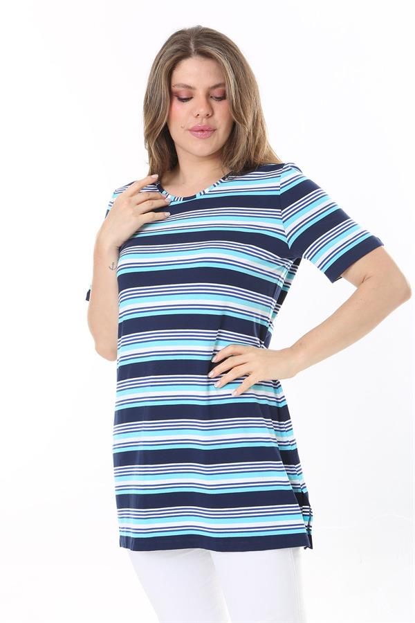 Kadın Büyük Beden Mavi Bisiklet Yakalı Kısa Kollu Çizgili Tunik 65N37850