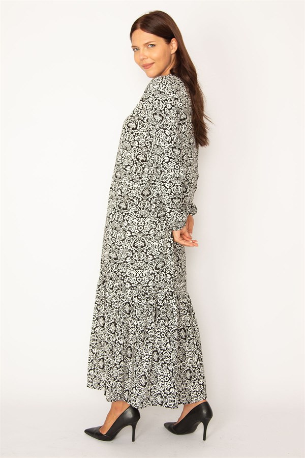 Kadın Siyah Dokuma Viskon Kumaş Etek Ucu Katlı Uzun Kollu Elbise 65N34324