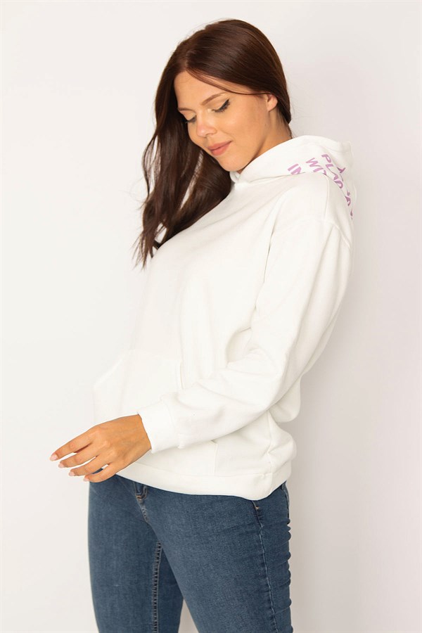 Women's White Hooded Kangaroo Pocket Fleece Sweatshirt with Raised Inside 65N34583
