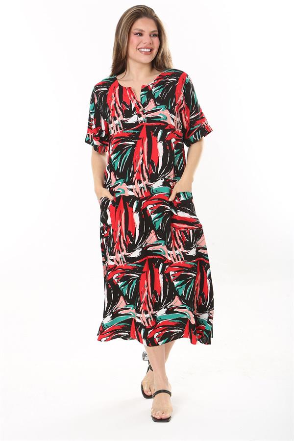 Kadın Büyük Beden Siyah Dokuma Viskon Kumaş Ön Pat Düğmeli Uzun Elbise 65N37861