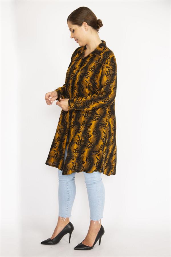 Kadın Büyük Beden Hardal Ön Düğmeli Uzun Kollu Gömlek