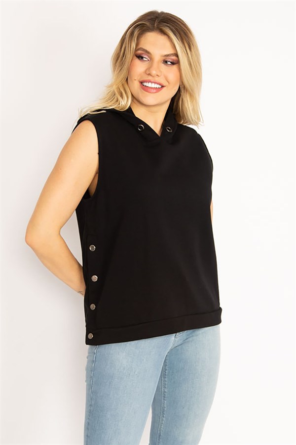 Kadın Lacivert Yanı Çıtçıt Yırtmaçlı Kapşonlu Kolsuz Sweatshirt 65N34829