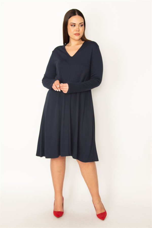 Kadın Lacivert V Yakalı Uzun Kollu Elbise 65N34945