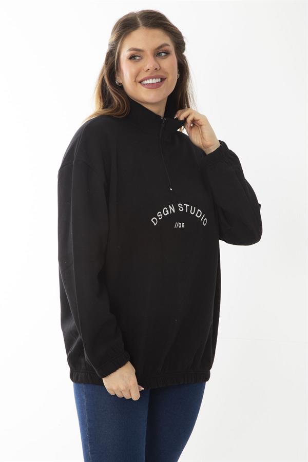 Kadın Büyük Beden Siyah İçi Şardonlu Ön Patı Fermuar Ve Nakış Detaylı Sweatshirt 65N37017