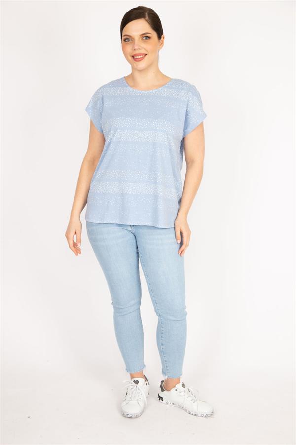 Kadın Bebe Mavisi Büyük Beden Pamuklu Kumaş Düşük Kol Desenli Bluz