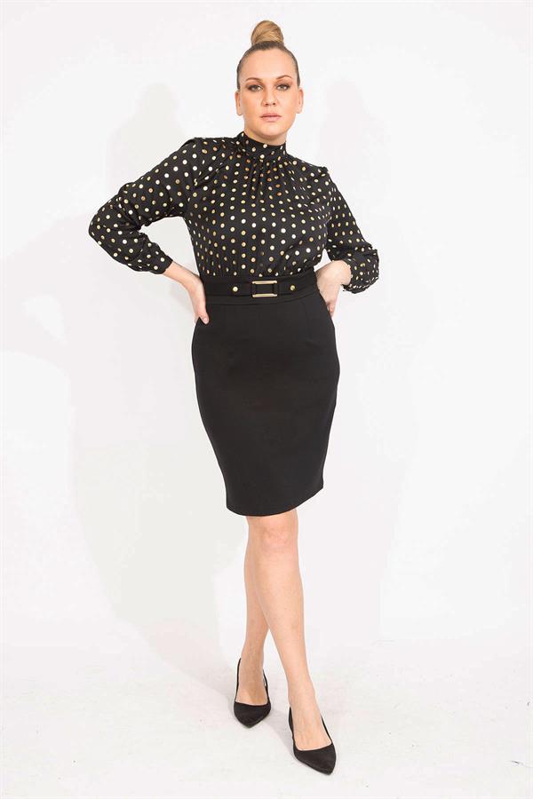 KADIN LACİVERT PUAN DESENLİ BELİ KEMERLİ ELBİSE