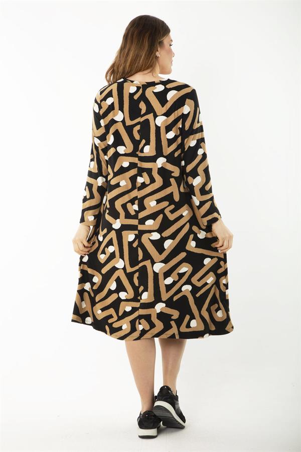 Kadın Büyük Beden Renkli Uzun Kollu Desenli Elbise 65N37189