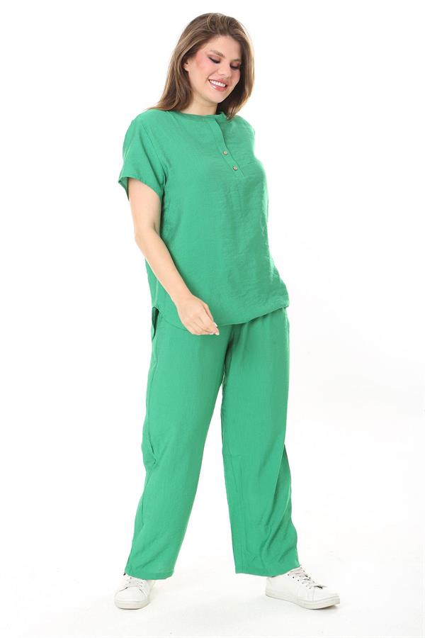 Kadın Büyük Beden Nar Ön Pat Düğmeli Tunik Ve Pantolon İkili Takım 65N37879