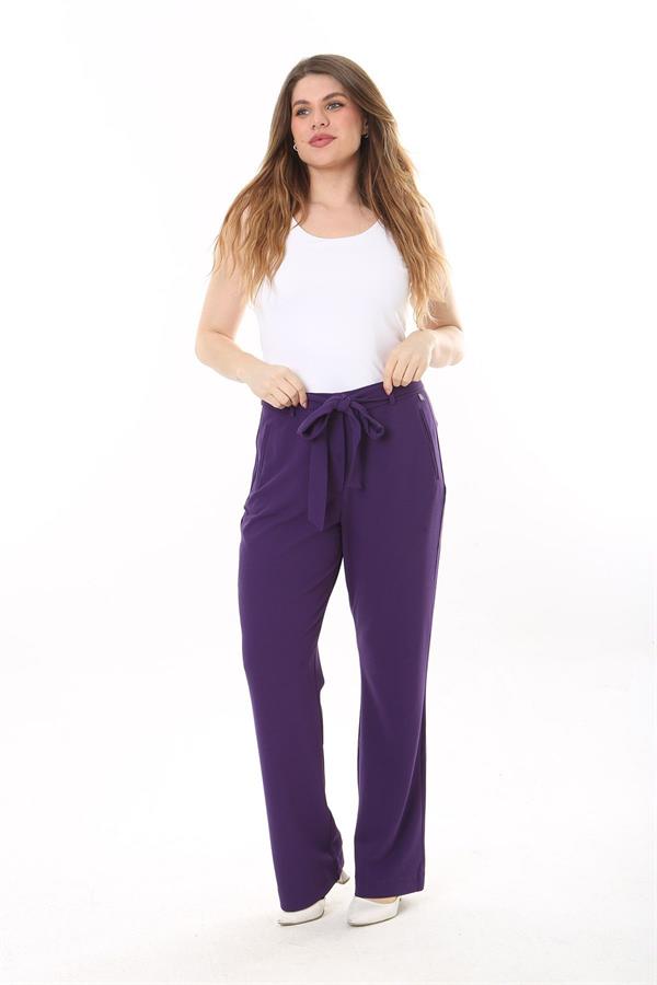 Kadın Büyük Beden Mor Yan Cepli Beli Kuşaklı Likralı Klasik Pantolon 65N37568