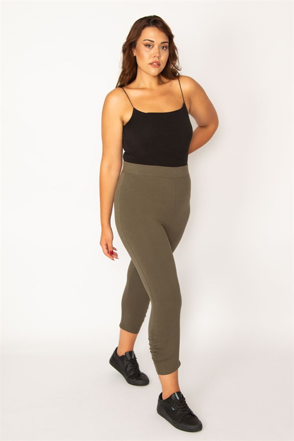 Kadın Haki Pamuklu Kumaş Paçası Büzgü Detaylı Tayt Kapri  65N34125