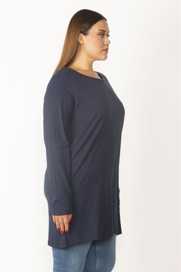 Kadın Lacivert Pamuklu Kumaş Bisiklet Yakalı Uzun Kollu Tunik 65N29895