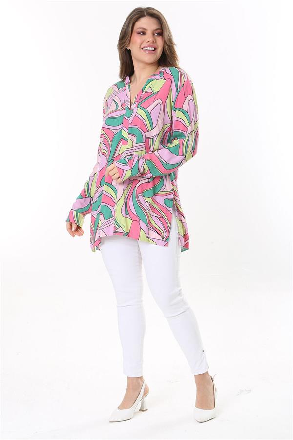 Kadın Büyük Beden Renkli Dokuma Viskon Kumaş Yan Yırtmaçlı V Yakalı Tunik 65N37789