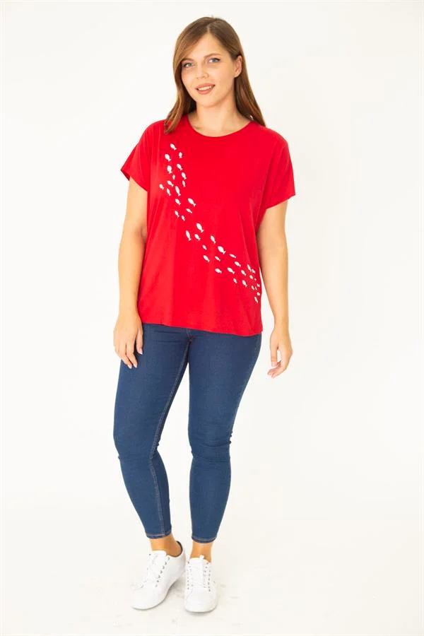 Kadın Lacivert Büyük Beden Pamuklu Kumaş Ön Desenli Bluz 65N35767