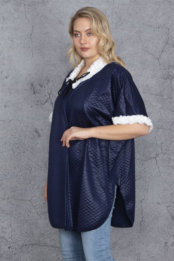 Manteau matelassé bleu marine pour femme, orné de détails en fausse fourrure, référence 65N35430