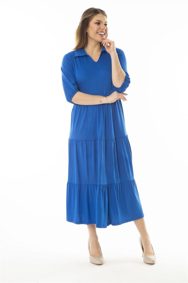 Kadın Büyük Beden Saks Yakalı Kol Ağzı Lastik Detaylı Katlı Uzun Elbise 65N37071