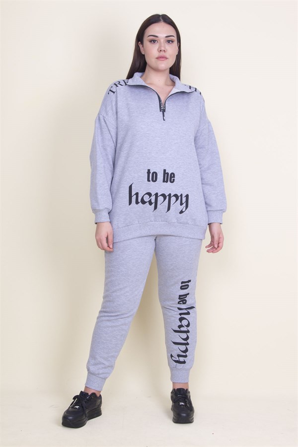 Kadın Gri Pat Fermuar Detaylı Şardonlu Baskılı Eşofman Takım 65N21019