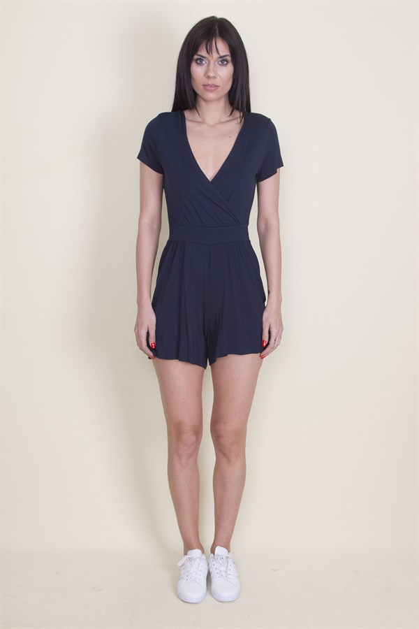 COMBINAISON SHORT COURT BLEU MARINE POUR FEMME AVEC COL ENVELOPPÉ ET DOS DÉTAILLÉ