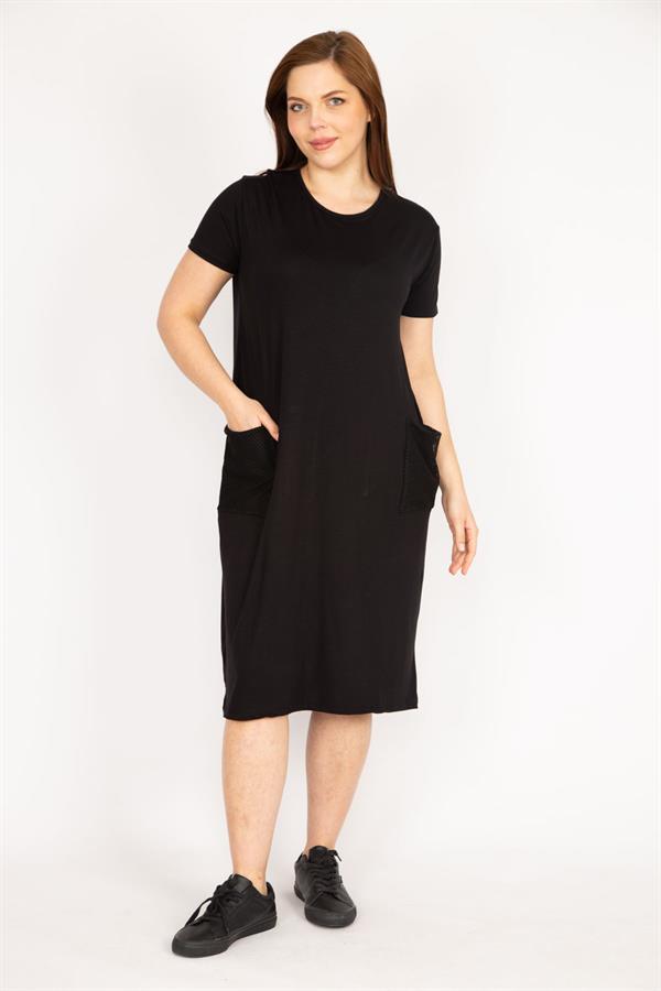 Kadın Lacivert Büyük Beden Cebi File Detaylı Kısa Kollu Viskon Elbise